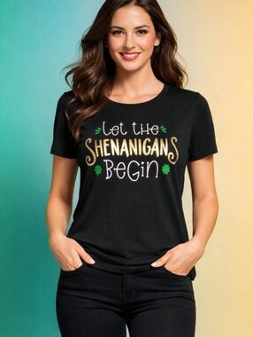 Celebrate It Black Short Sleeve Tee with Gold and Green Graphic